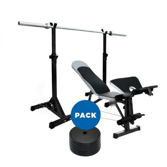 Rack multifunción + banco robusto 250 kg + barra olímpica + 40 kilos en discos