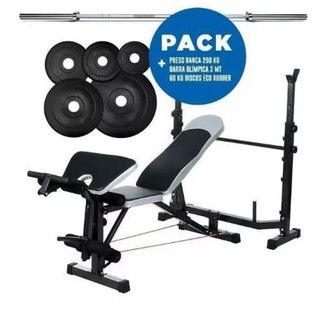 Rack multifunción + banco robusto 250 kg + barra olímpica + 40 kilos en discos