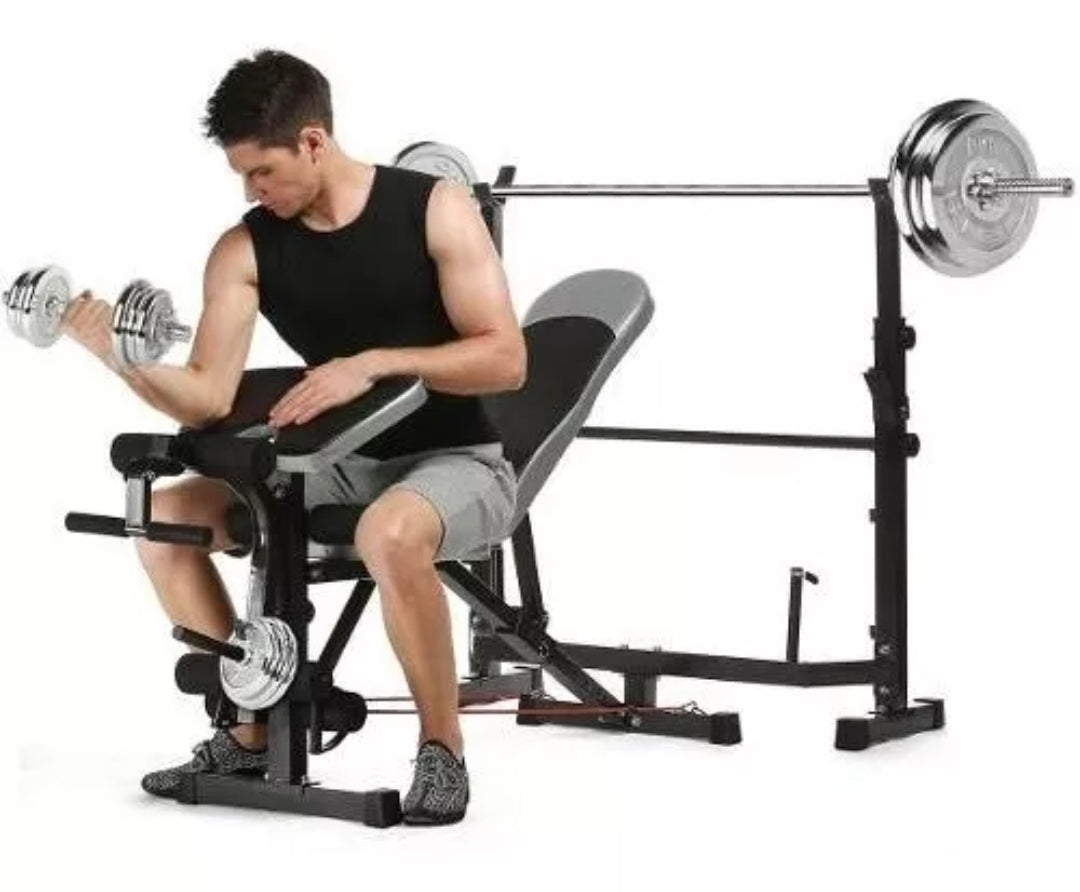 Rack multifunción + banco robusto 250 kg + barra olímpica + 40 kilos en discos