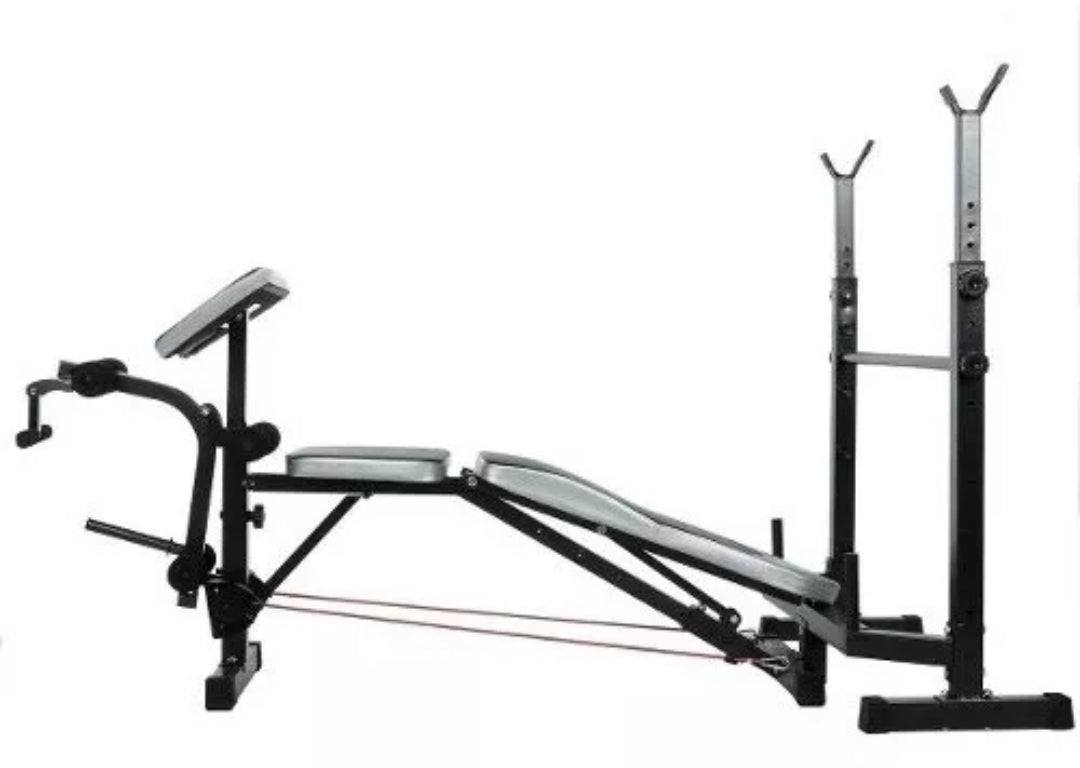 Rack multifunción + banco robusto 250 kg + barra olímpica + 40 kilos en discos