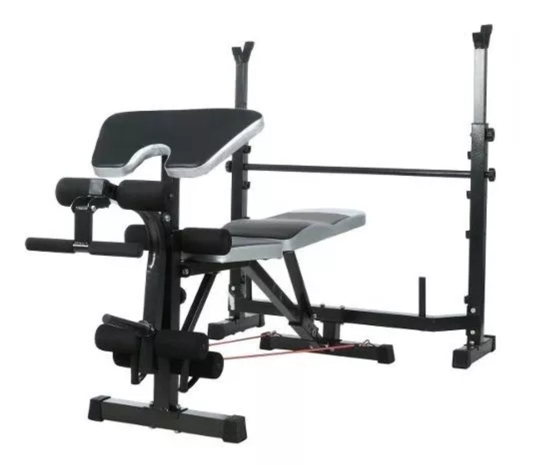 Rack multifunción + banco robusto 250 kg + barra olímpica + 40 kilos en discos